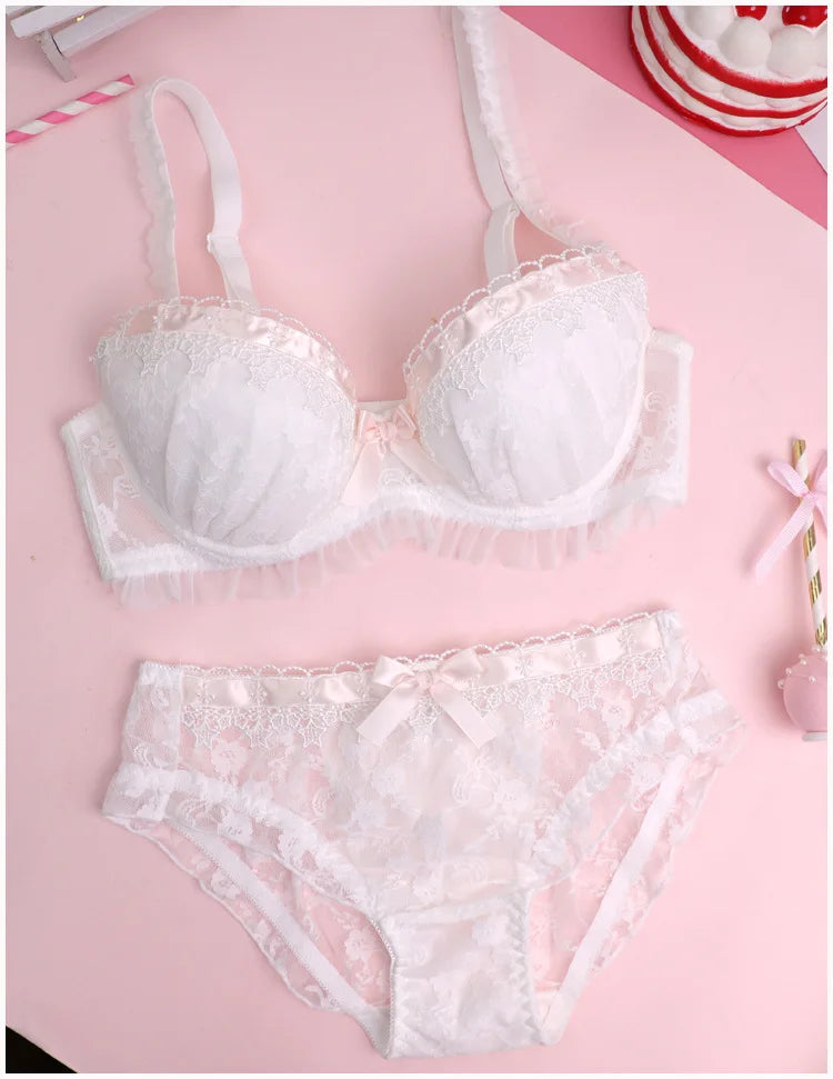 Girls water soluble lace thin section lingerie comfortable gather bra Set