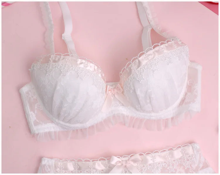 Girls water soluble lace thin section lingerie comfortable gather bra Set