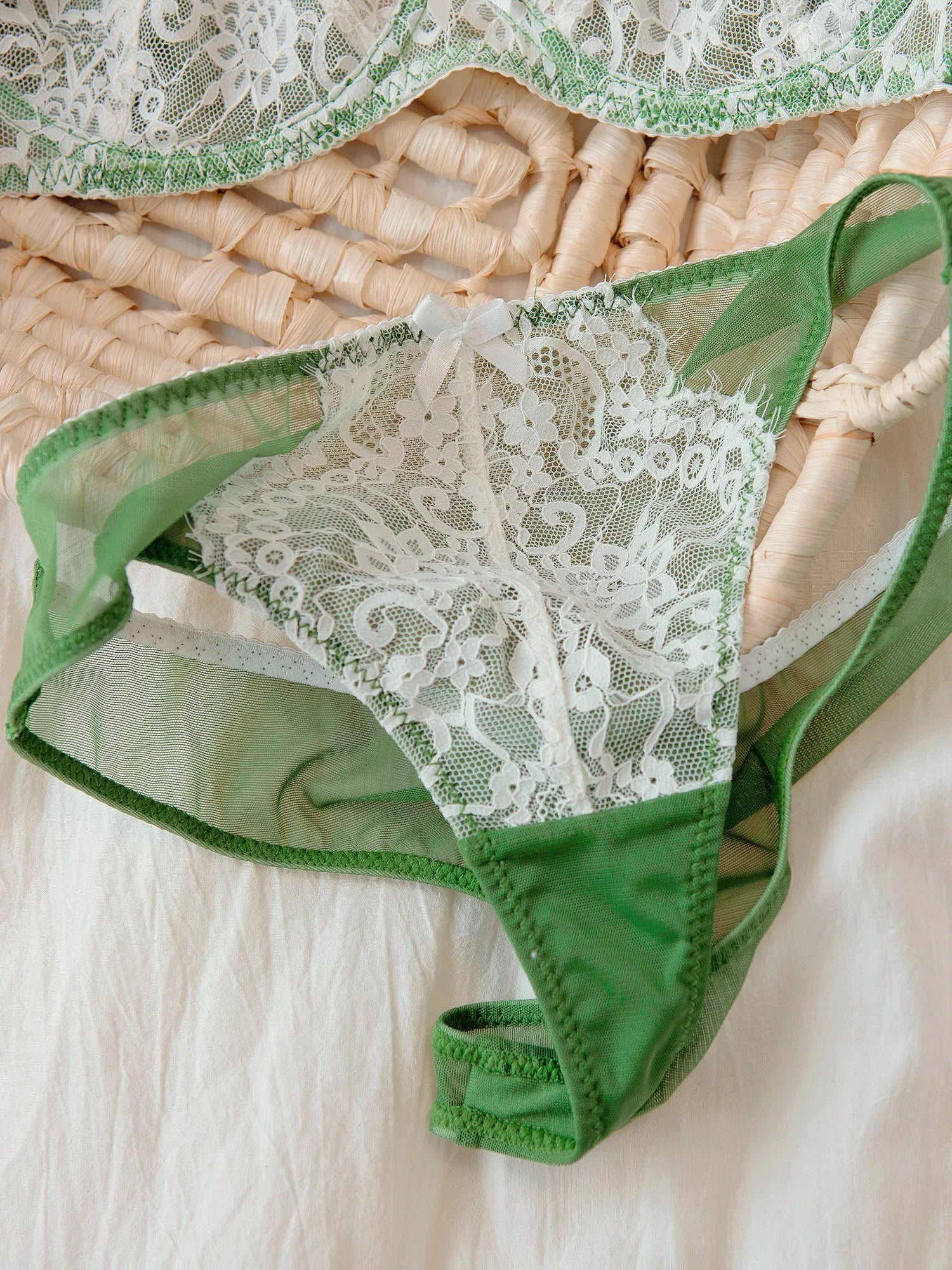 Green Garden French Romantic Underwire Lace Sexy Triangle Cup Bra Set