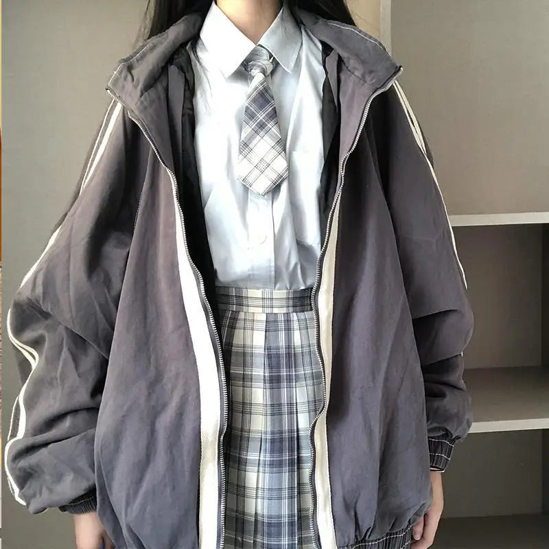 Preppy Jackets Student Baggy Stand Collar Zipper Coats All-match Baseball Tooling Patchwork Outwear Casual