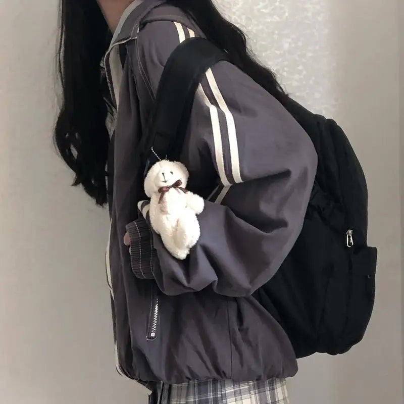 Preppy Jackets Student Baggy Stand Collar Zipper Coats All-match Baseball Tooling Patchwork Outwear Casual