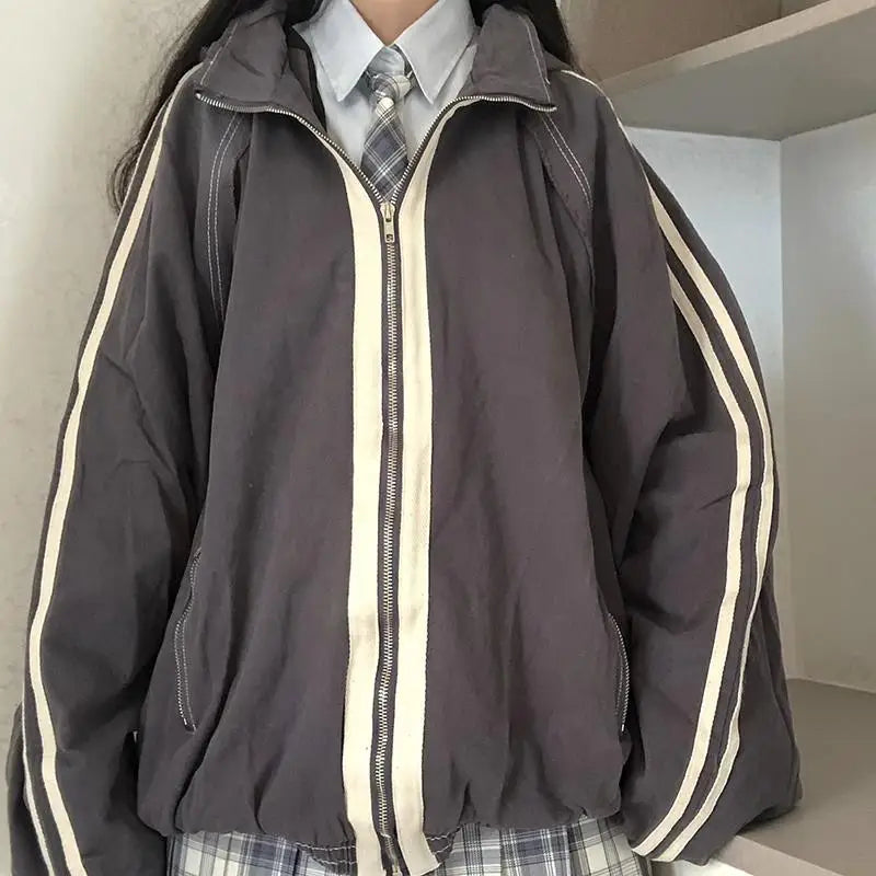 Preppy Jackets Student Baggy Stand Collar Zipper Coats All-match Baseball Tooling Patchwork Outwear Casual
