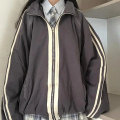 Preppy Jackets Student Baggy Stand Collar Zipper Coats All-match Baseball Tooling Patchwork Outwear Casual