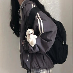 Preppy Jackets Student Baggy Stand Collar Zipper Coats All-match Baseball Tooling Patchwork Outwear Casual