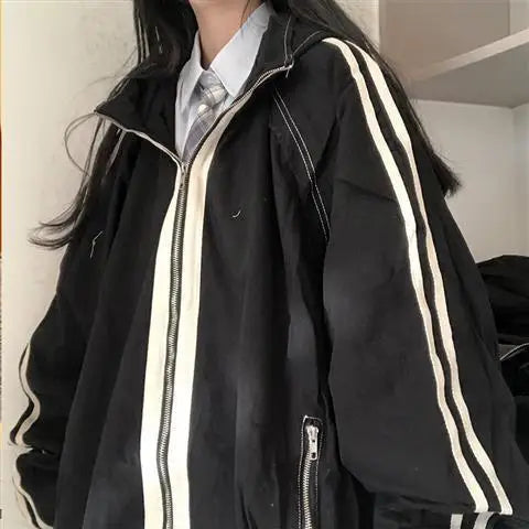 Preppy Jackets Student Baggy Stand Collar Zipper Coats All-match Baseball Tooling Patchwork Outwear Casual