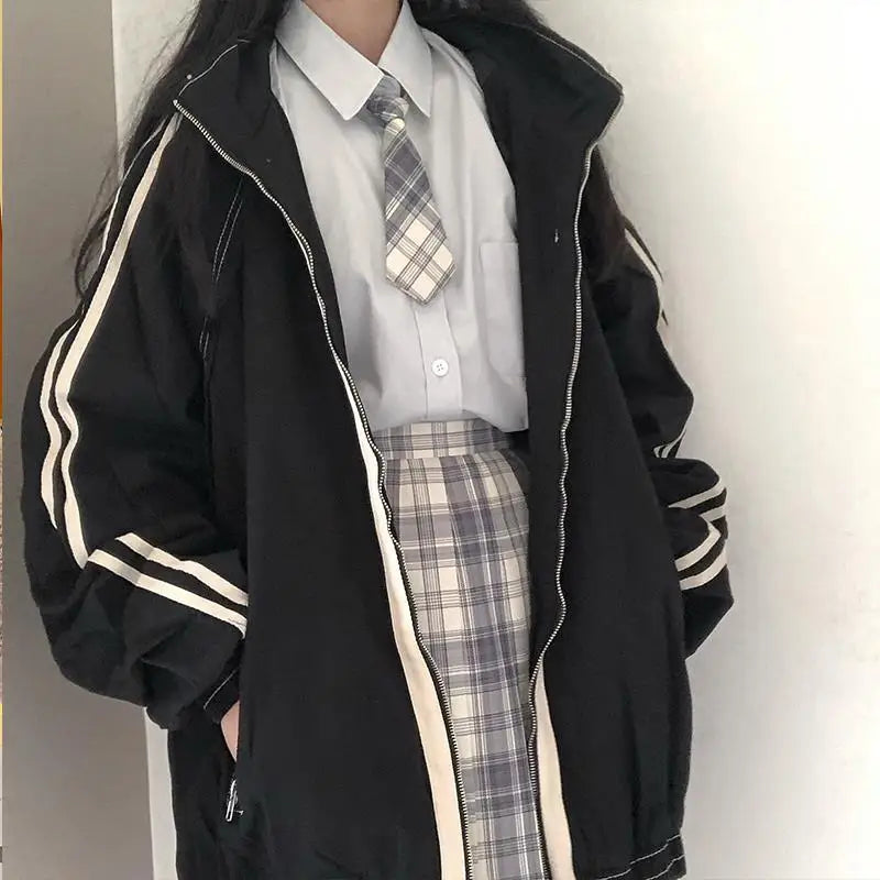 Preppy Jackets Student Baggy Stand Collar Zipper Coats All-match Baseball Tooling Patchwork Outwear Casual