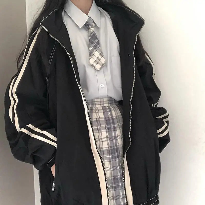 Preppy Jackets Student Baggy Stand Collar Zipper Coats All-match Baseball Tooling Patchwork Outwear Casual