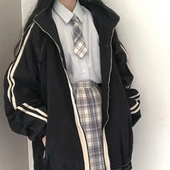 Preppy Jackets Student Baggy Stand Collar Zipper Coats All-match Baseball Tooling Patchwork Outwear Casual