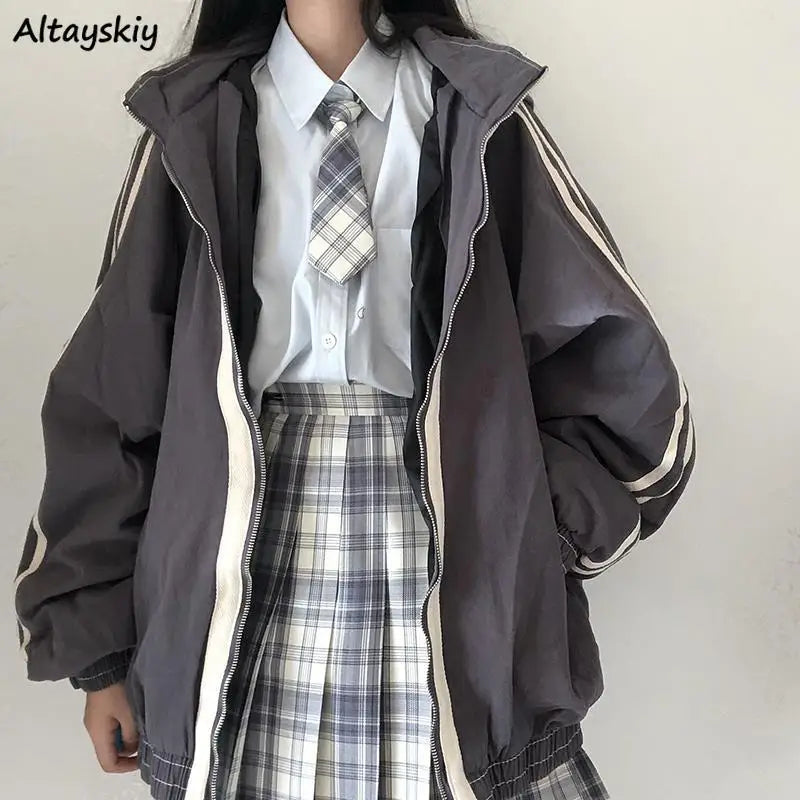 Preppy Jackets Student Baggy Stand Collar Zipper Coats All-match Baseball Tooling Patchwork Outwear Casual