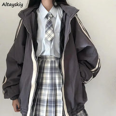 Preppy Jackets Student Baggy Stand Collar Zipper Coats All-match Baseball Tooling Patchwork Outwear Casual