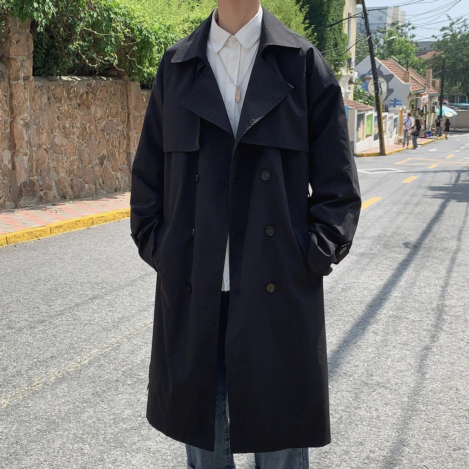 Korean style Trench Coat Male Streetwear Windbreaker Trenchcoat Solid Business Casual Loose Long Overcoat