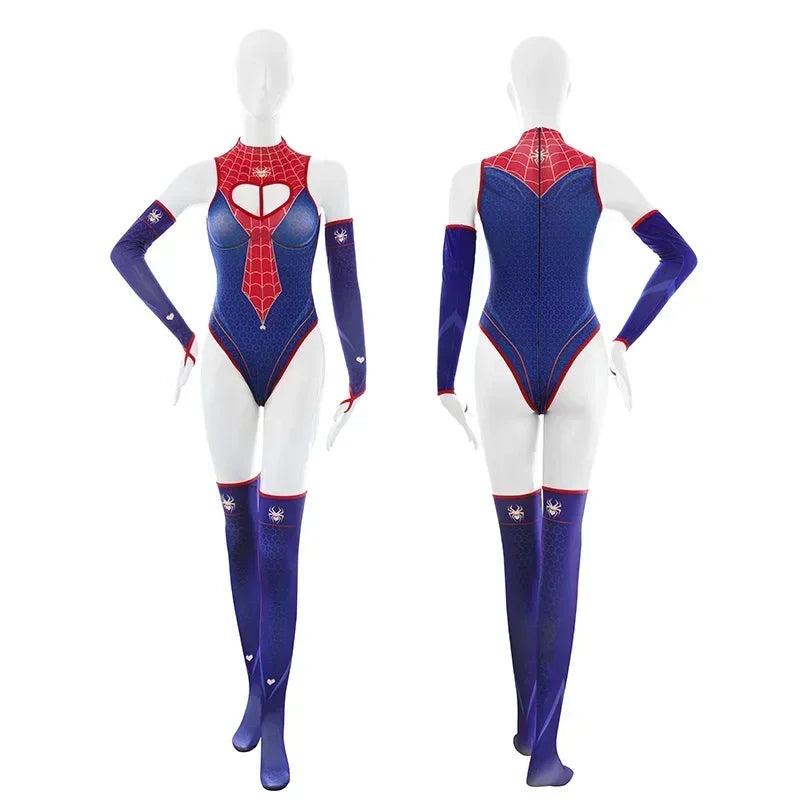 Love Heart Printed Crotchless Bodysuit with Stocking and Gloves Set
