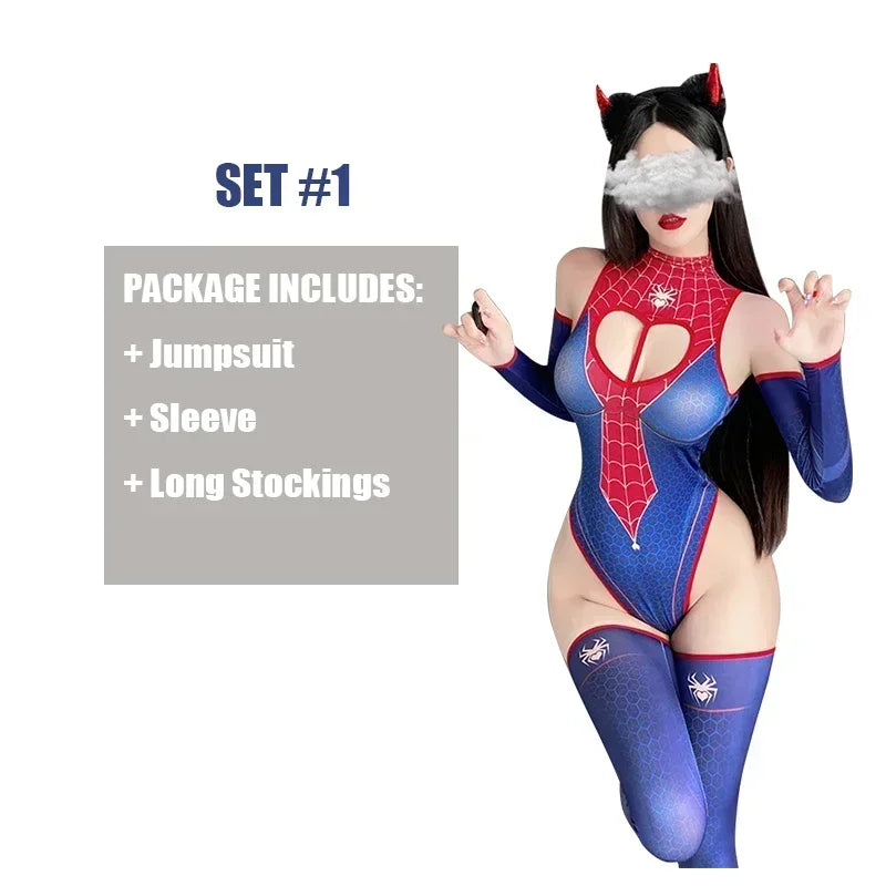 Love Heart Printed Crotchless Bodysuit with Stocking and Gloves Set