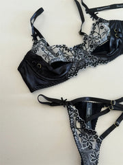 Hanging neck lingerie charming niche satin black lace Underwear