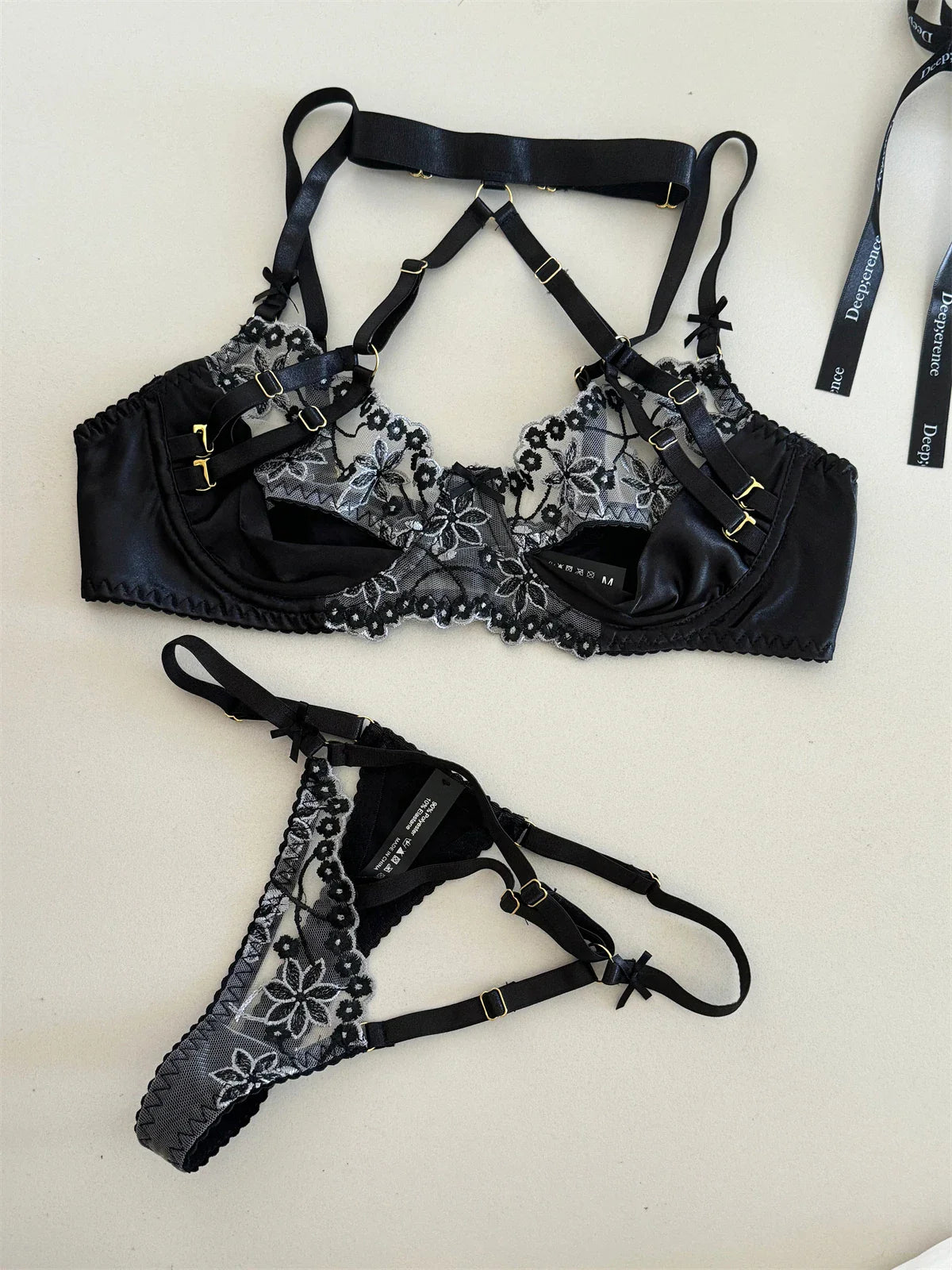 Hanging neck lingerie charming niche satin black lace Underwear