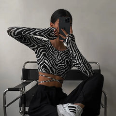 Backless Lace ups Pullover Tees Black O-neck Slim Longsleeve Short T-Shirt