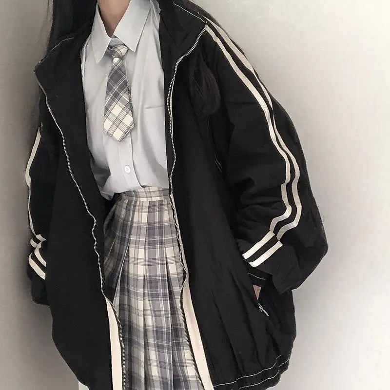 Preppy Jackets Student Baggy Stand Collar Zipper Coats All-match Baseball Tooling Patchwork Outwear Casual