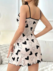 Heart Print Casual Frill Trim Sleepwear Women's Sexy Lingeire NightDress