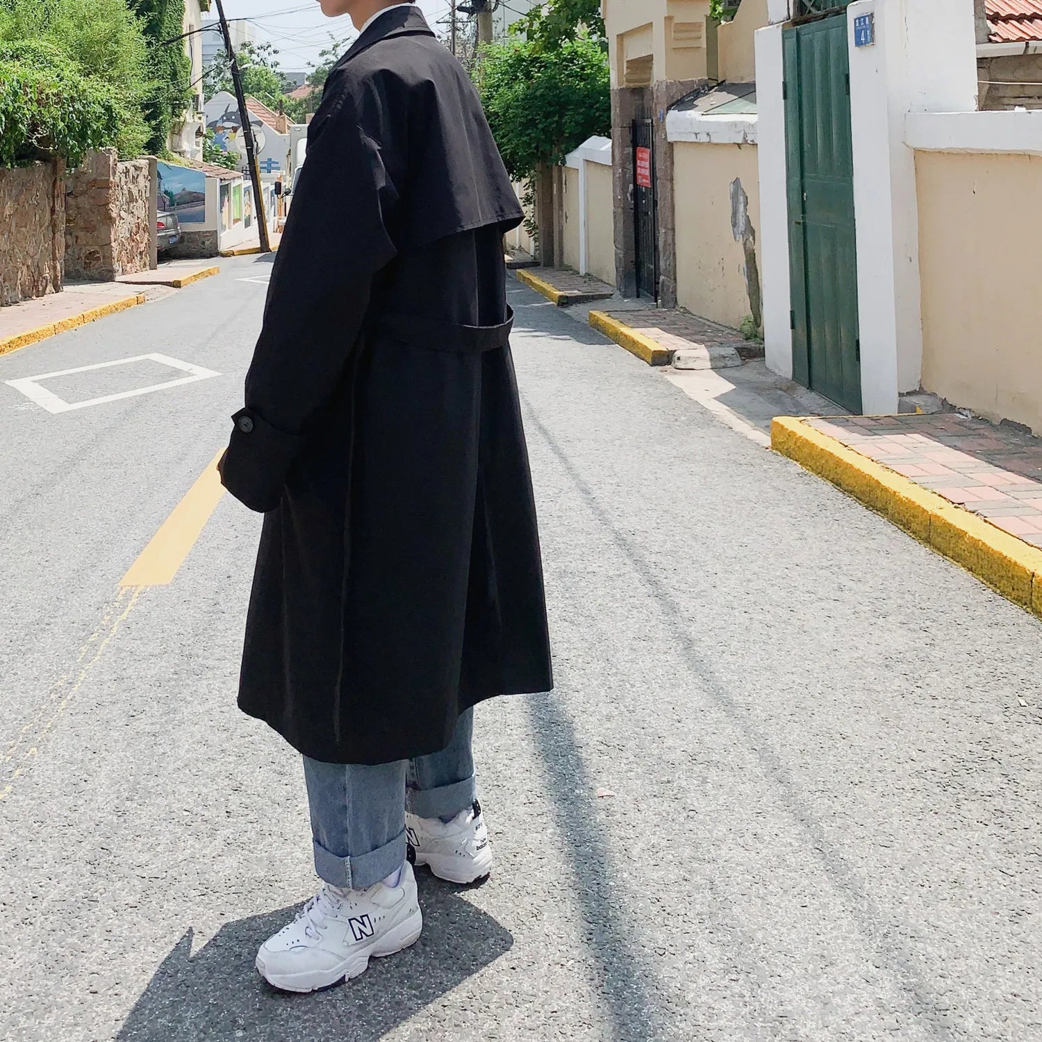Korean style Trench Coat Male Streetwear Windbreaker Trenchcoat Solid Business Casual Loose Long Overcoat