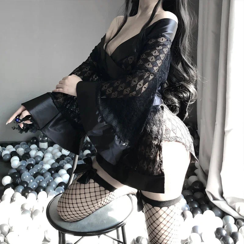 Erotic Cosplay Costumes Sleepwear Nightwear Cardigan Role Play 3Pcs Set