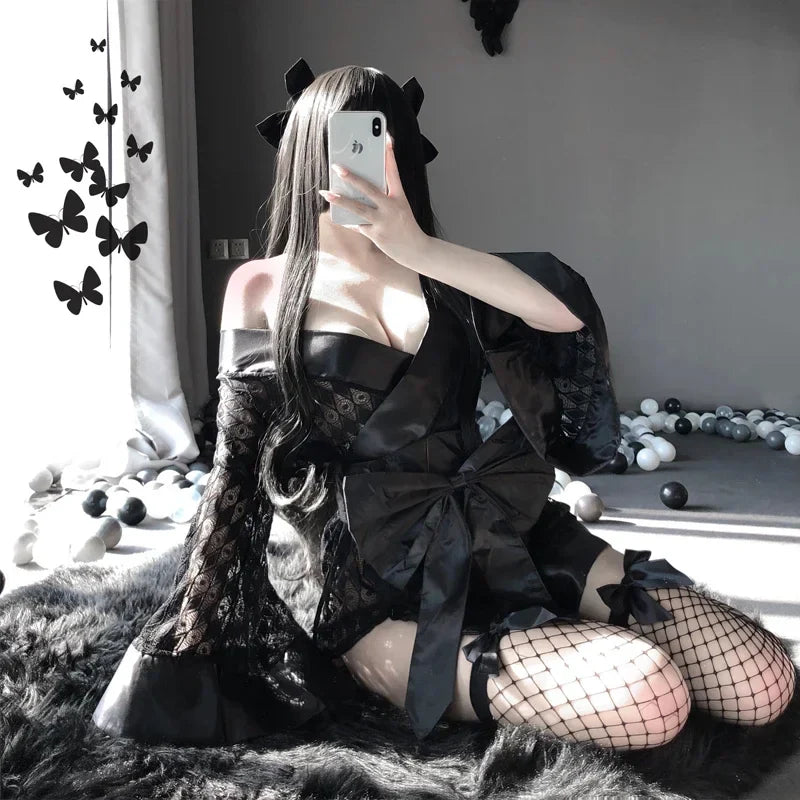 Erotic Cosplay Costumes Sleepwear Nightwear Cardigan Role Play 3Pcs Set