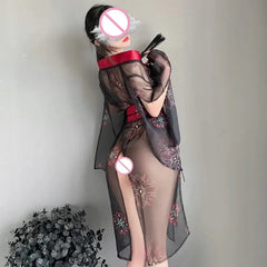 Printed See Through Deep V Black Dress