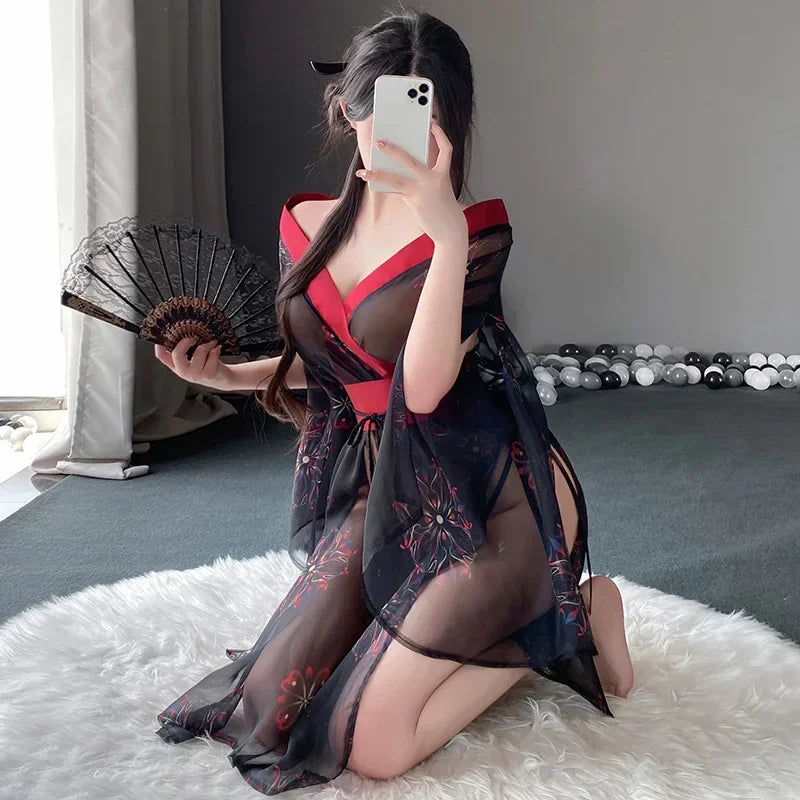 Printed See Through Deep V Black Dress