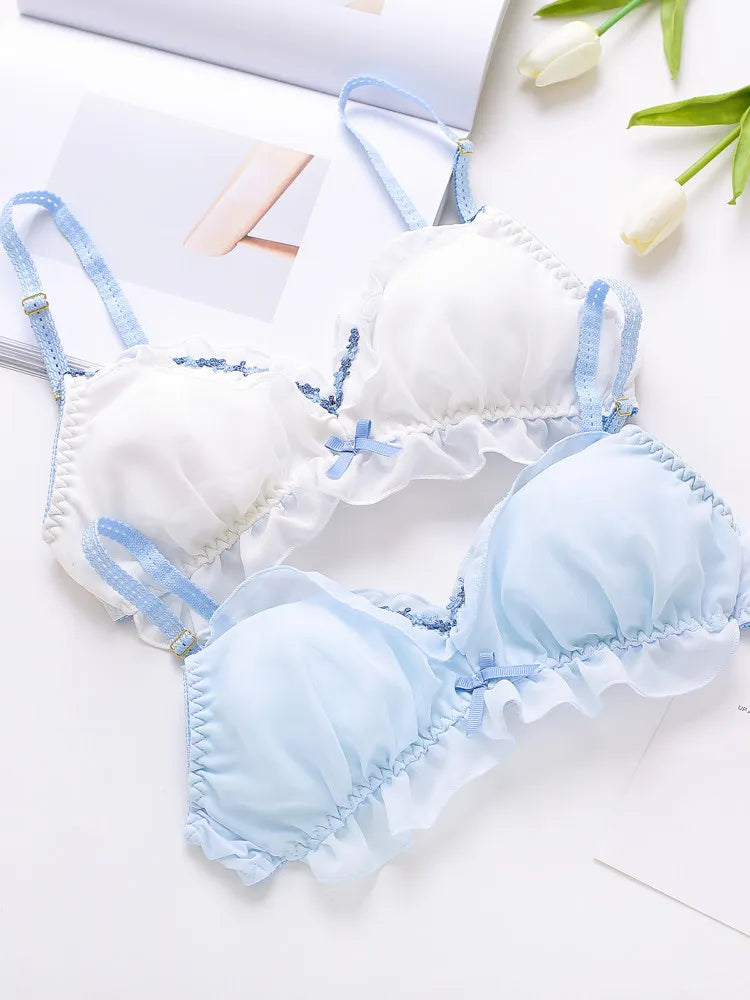 Japanese-style fresh chiffon thin triangular cup wireless bra set
