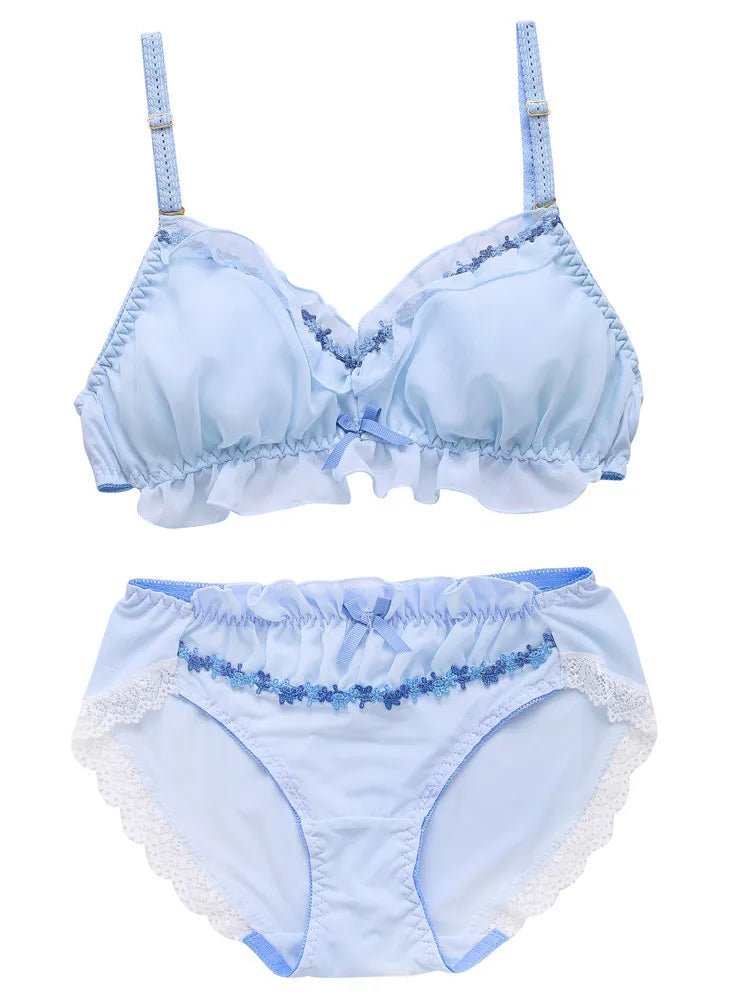 Japanese-style fresh chiffon thin triangular cup wireless bra set