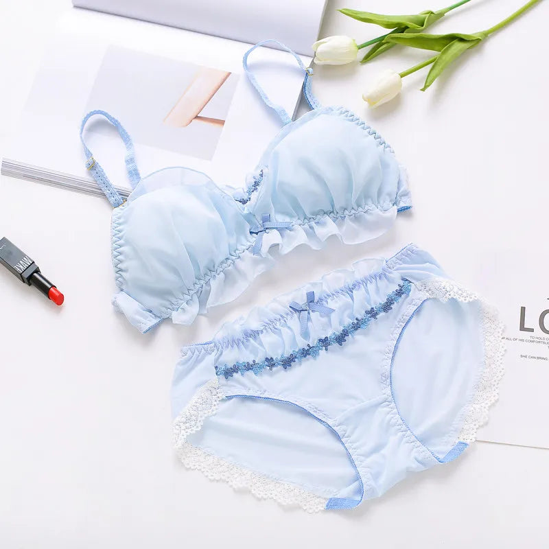 Japanese-style fresh chiffon thin triangular cup wireless bra set