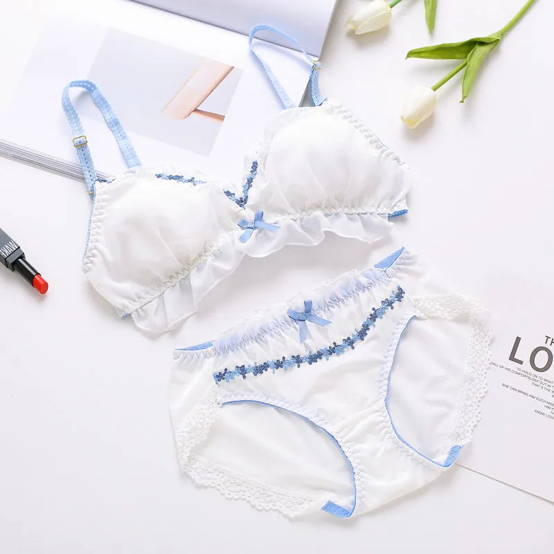 Japanese-style fresh chiffon thin triangular cup wireless bra set