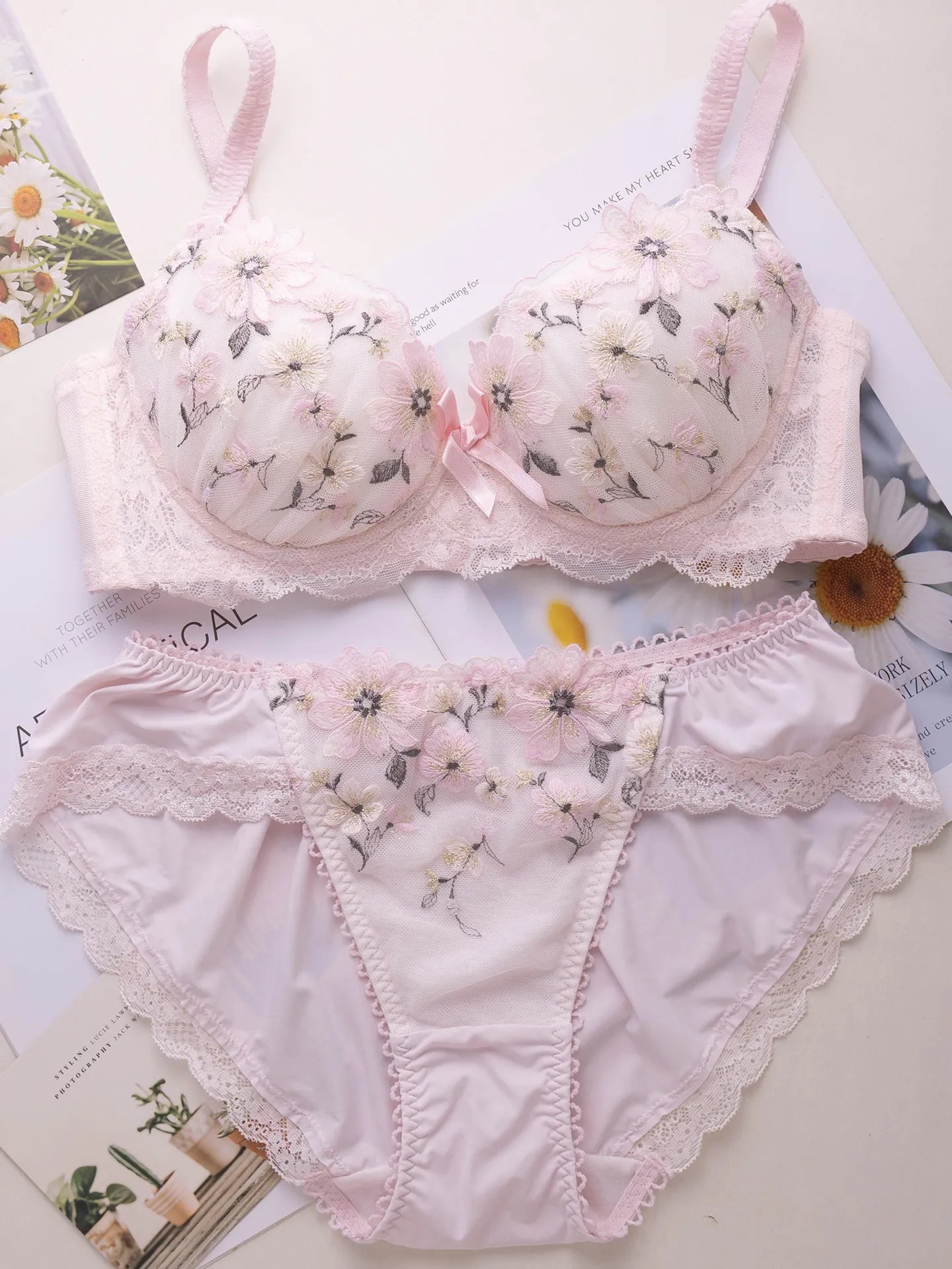 Japanese sweet floral embroidery lingerie set