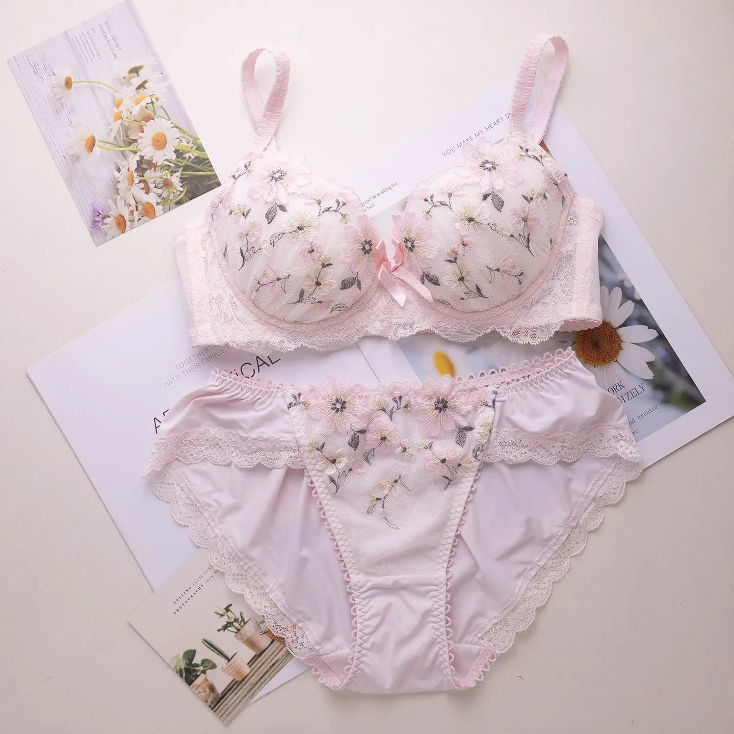 Japanese sweet floral embroidery lingerie set