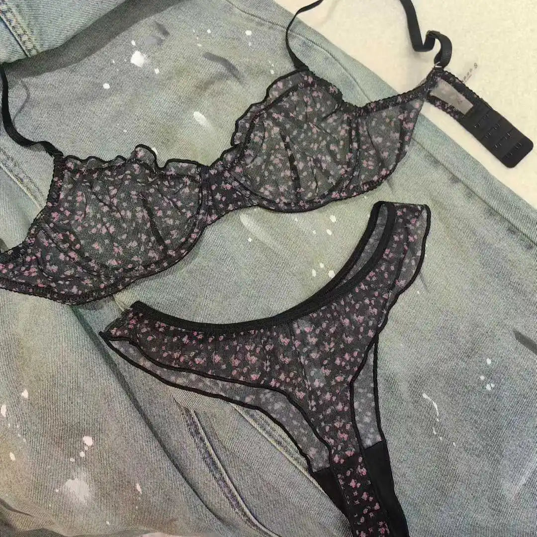 Lace Mesh Floral Bra Set
