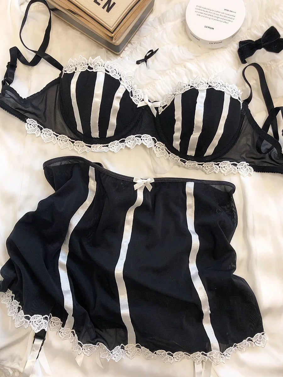 Lace thin half cup with steel ring top bra Set