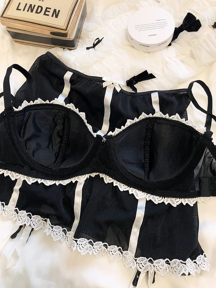 Lace thin half cup with steel ring top bra Set