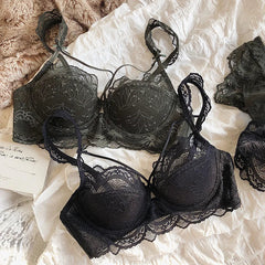 Lace ultra-thin big breasts bra with panties women sexy push up lingerie anti-sagging gathered laides Underwear