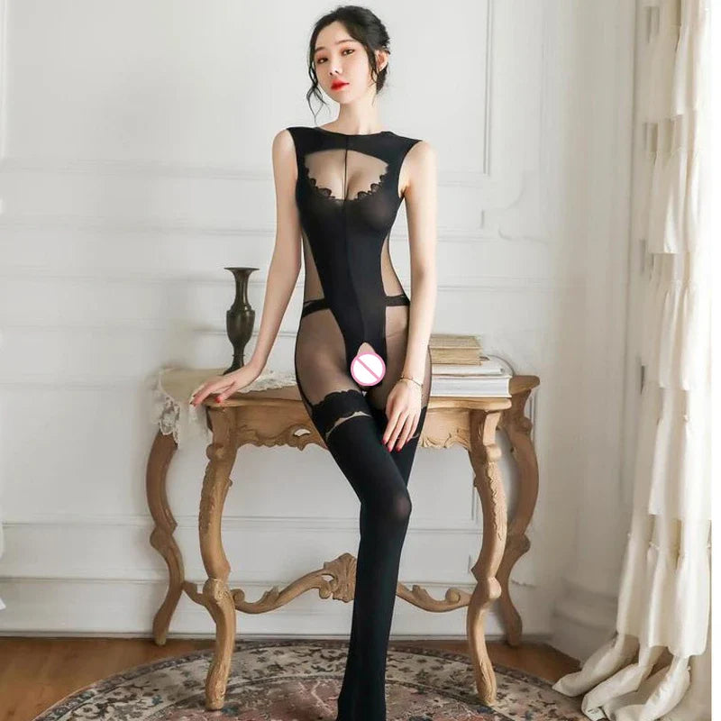 Ladies Long Stockings Print Hollow Out Stockings Tights Women Pantyhose Open Crotch Tights Transparent Sexy Lingerie Crotchless
