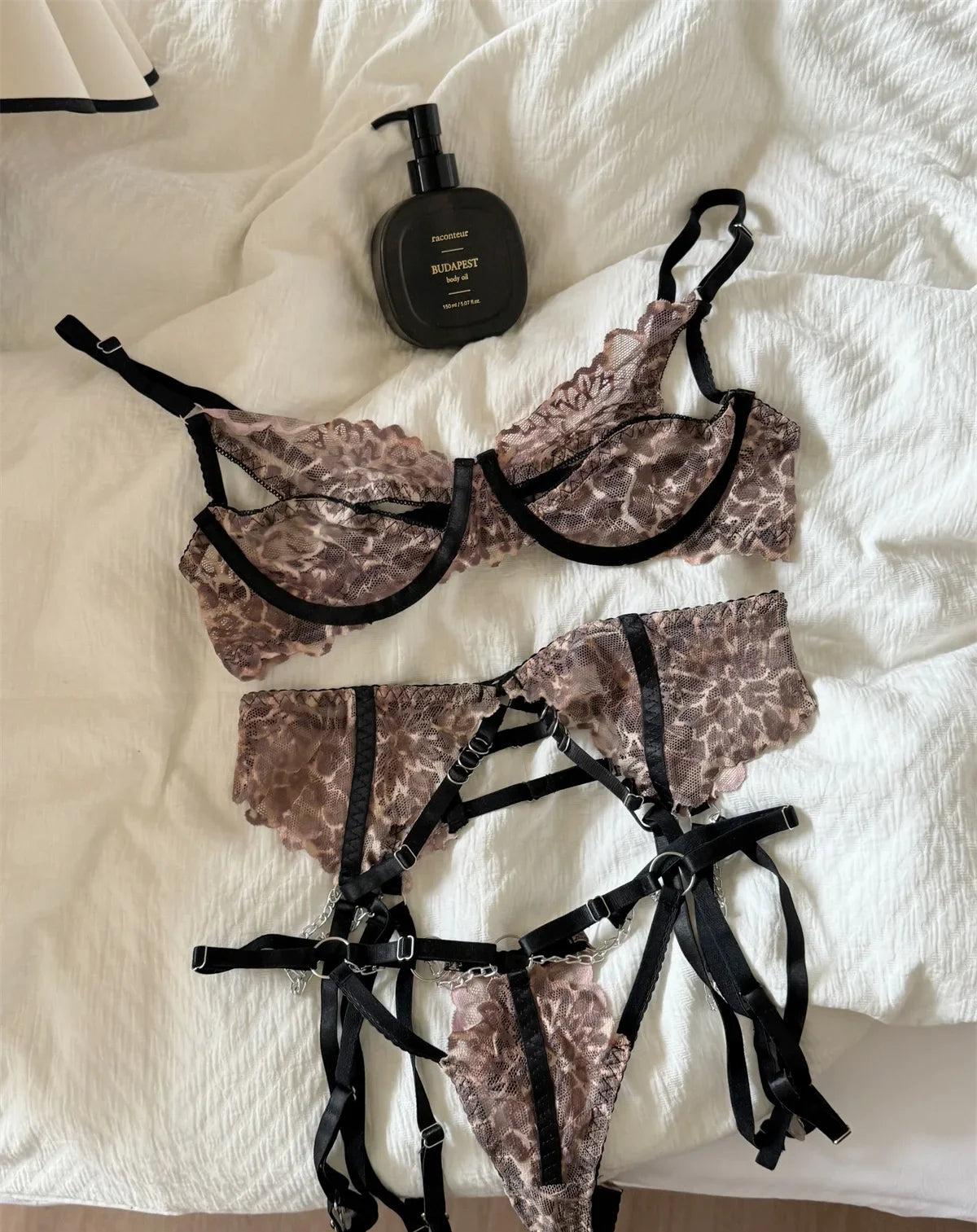 Leopard mesh lingerie sexy thin section upholstery gathered bra Set