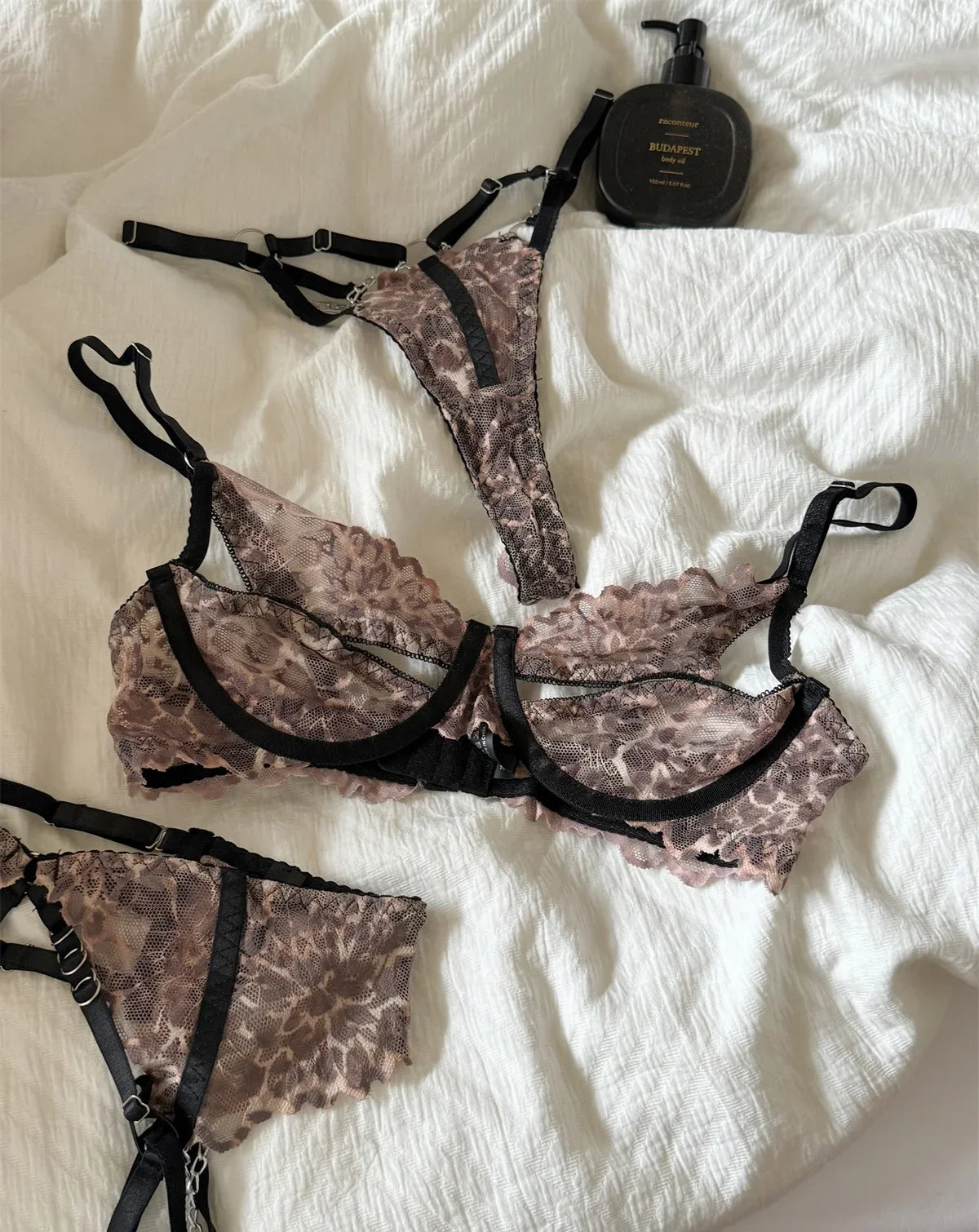 Leopard mesh lingerie sexy thin section upholstery gathered bra Set