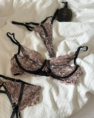 Leopard mesh lingerie sexy thin section upholstery gathered bra Set