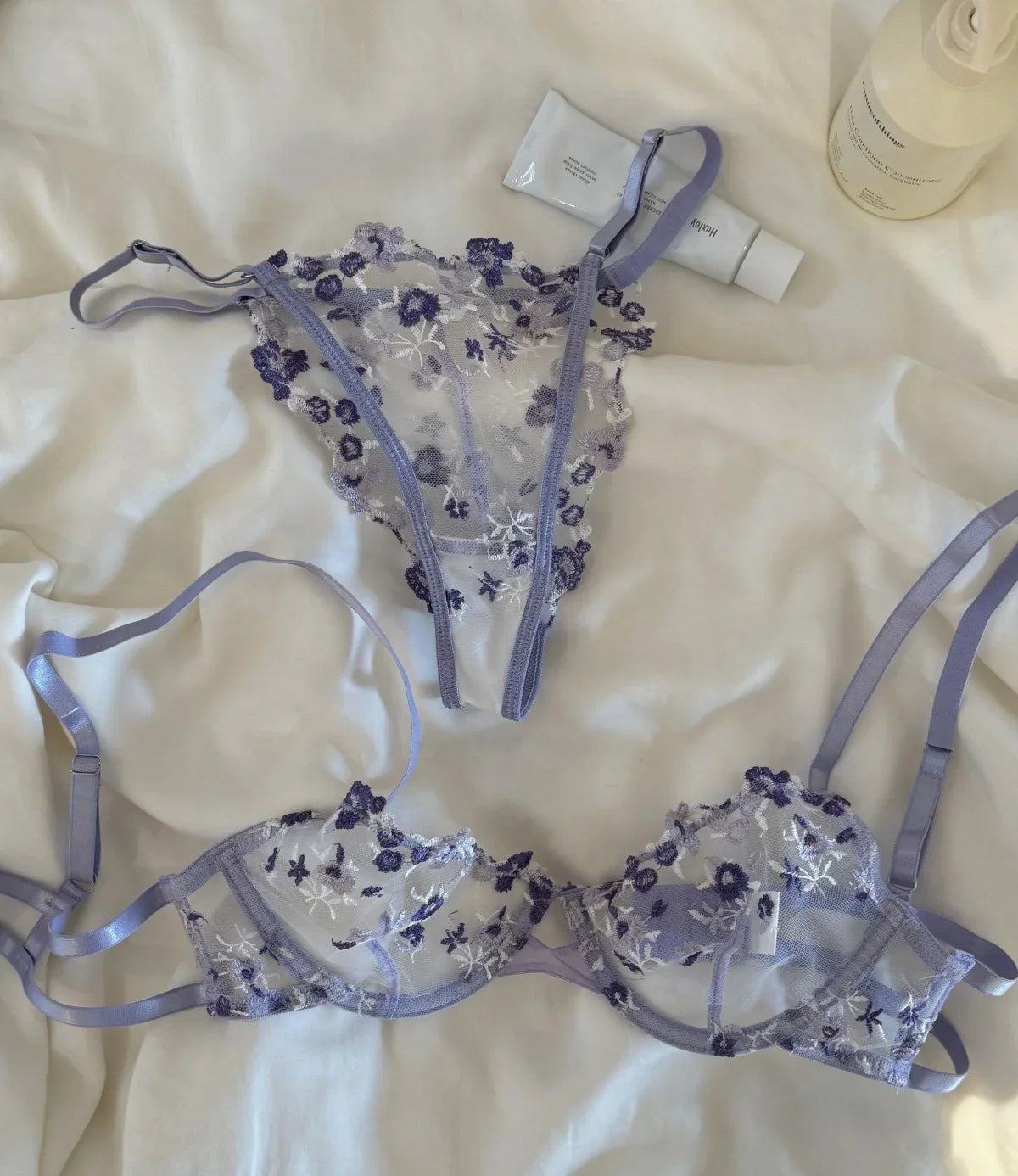 Light purple thin cups lingerie embroidered flowers lace sexy Underwear