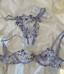 Light purple thin cups lingerie embroidered flowers lace sexy Underwear