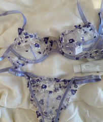 Light purple thin cups lingerie embroidered flowers lace sexy Underwear