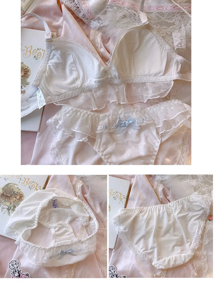 Lingerie fairy girl wearing ribbon ruffle thin bralette lace without steel ring white princess Underwear