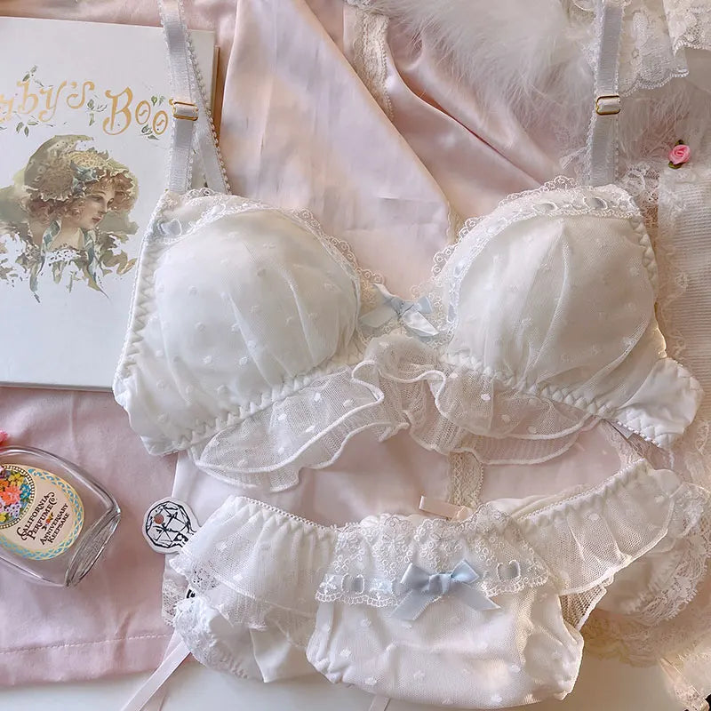 Lingerie fairy girl wearing ribbon ruffle thin bralette lace without steel ring white princess Underwear