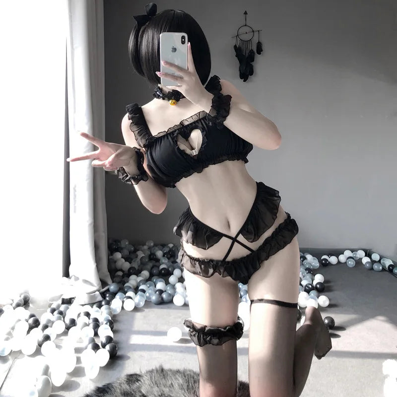 Lolita Cat Uniform Women Sexy Lingerie Costumes Cute Ruffles Lace Kawaii Tops with Panties and Garter Set
