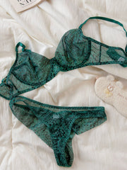 Mermaid Green Leopard Print Thin Lingerie Sexy Lace Bra Romantic Women Push up Large Size Underwear