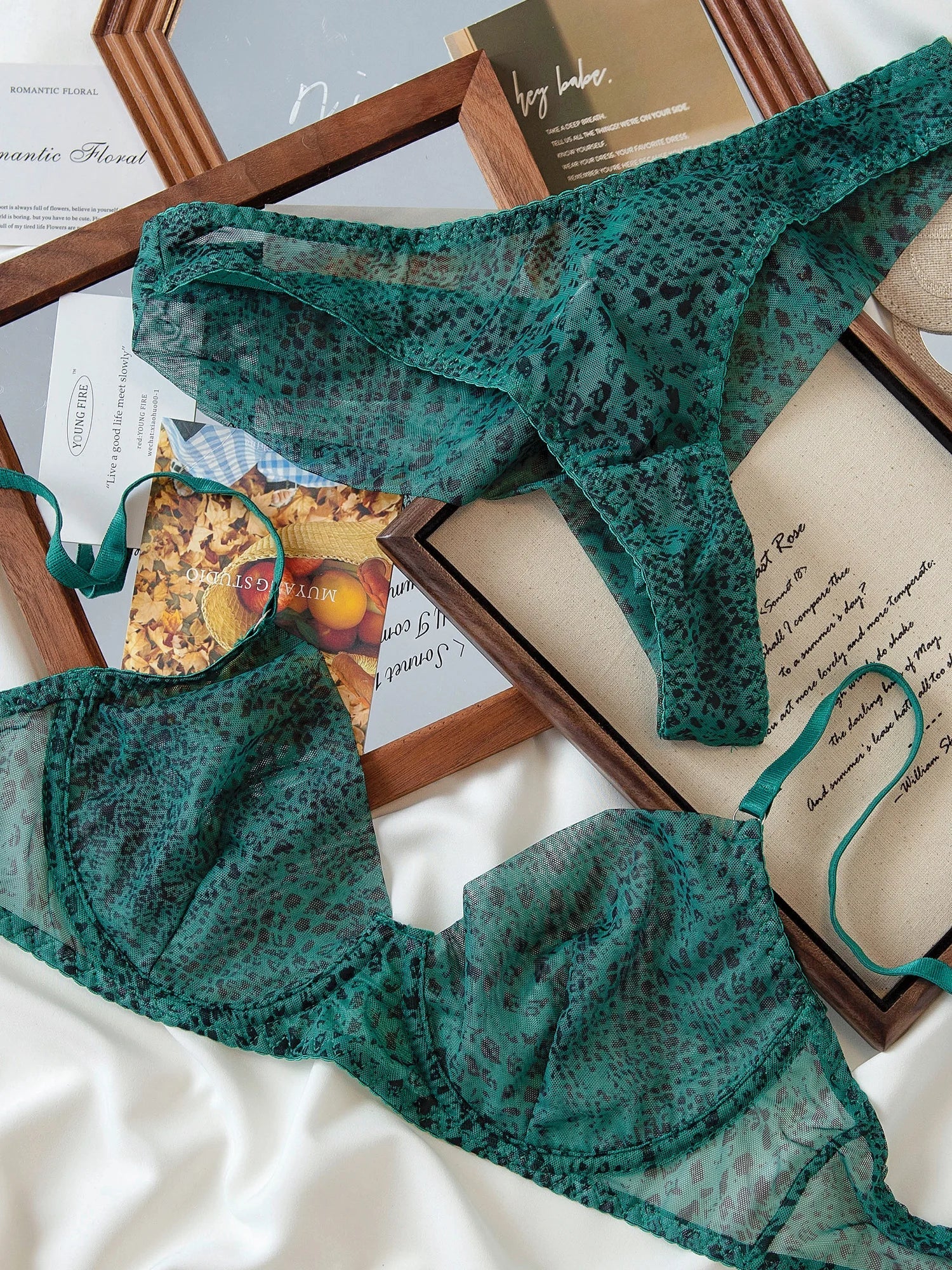 Mermaid Green Leopard Print Thin Lingerie Sexy Lace Bra Romantic Women Push up Large Size Underwear