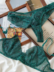 Mermaid Green Leopard Print Thin Lingerie Sexy Lace Bra Romantic Women Push up Large Size Underwear
